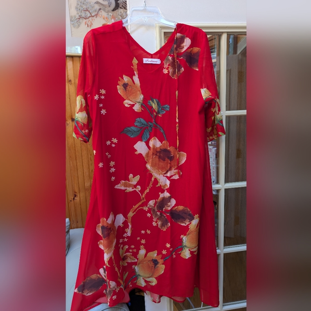 Vibrant Red Floral Long Sleeve Dress